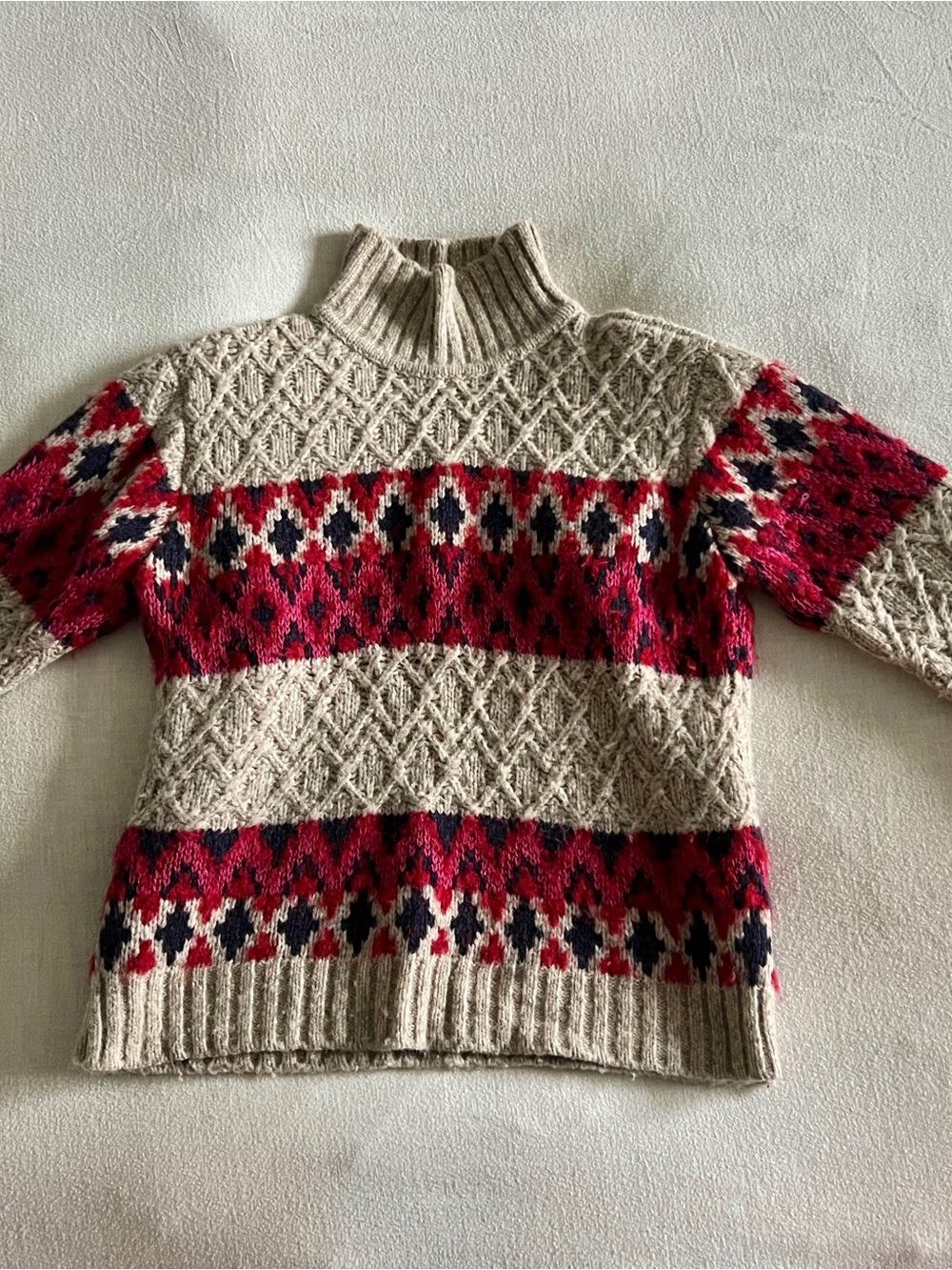 Faherty Red, Navy and Beige Fair Isle Mock Neck Sweater